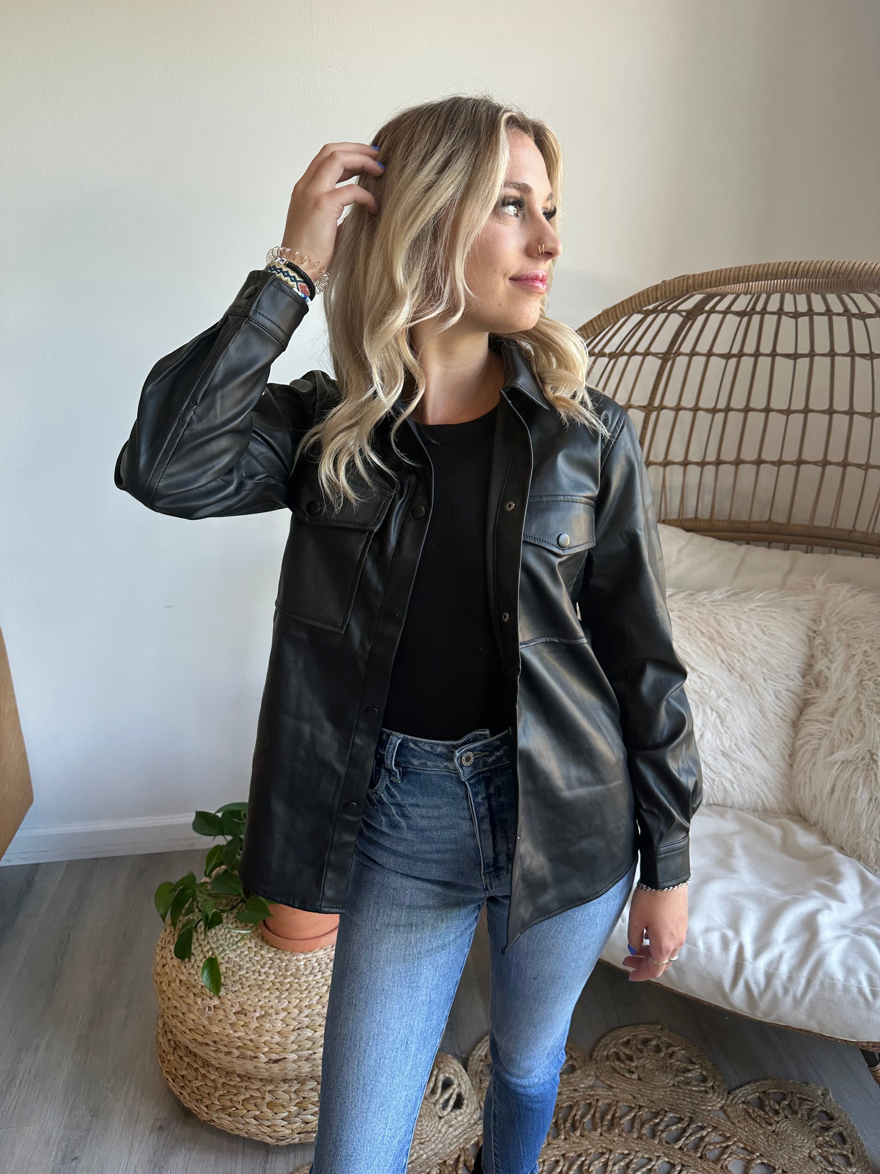 faux leather shacket outfit