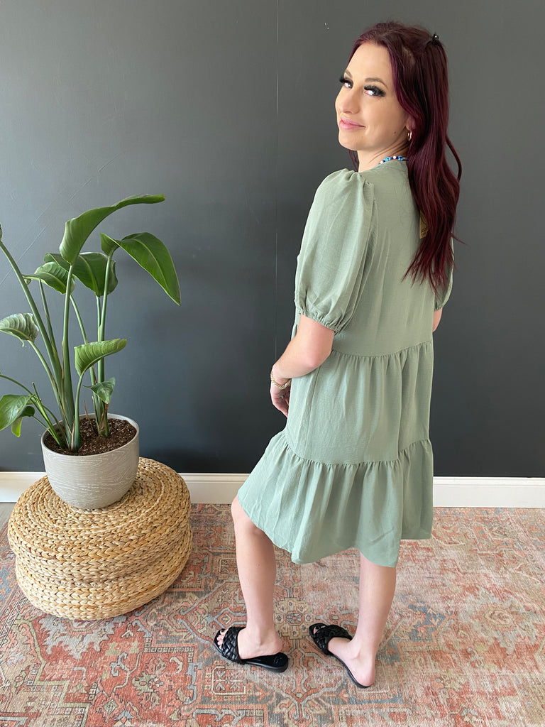 Sage Solid Tiered Layer Dress